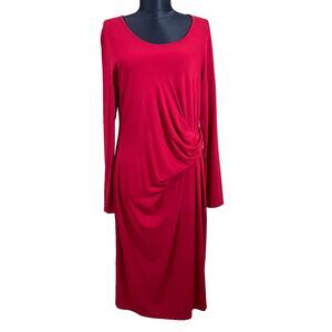 J Jill Wearever Midi Draped Dress Size Medium Red Stretch jersey Long Sleeves